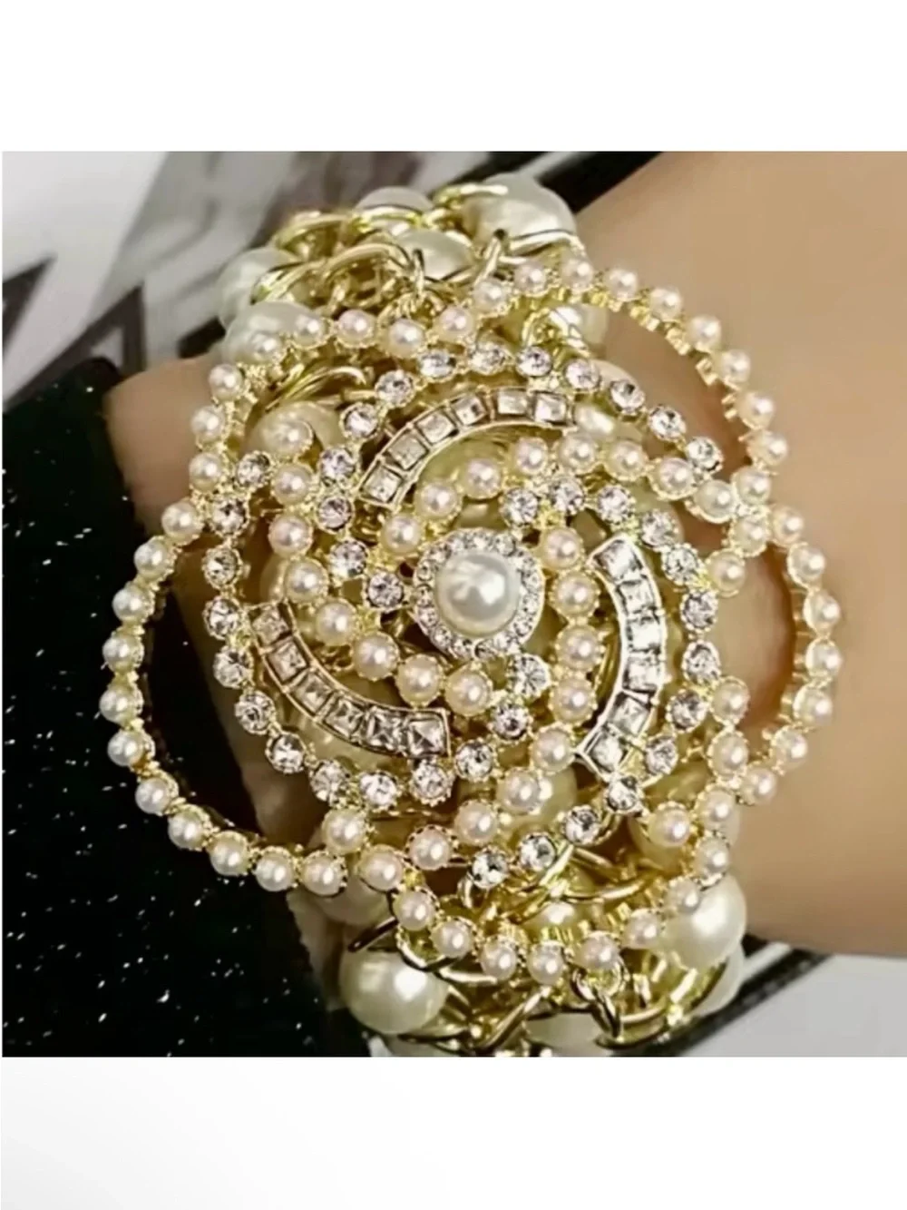 Gold Pearl & Crystal Floral Statement Bracelet